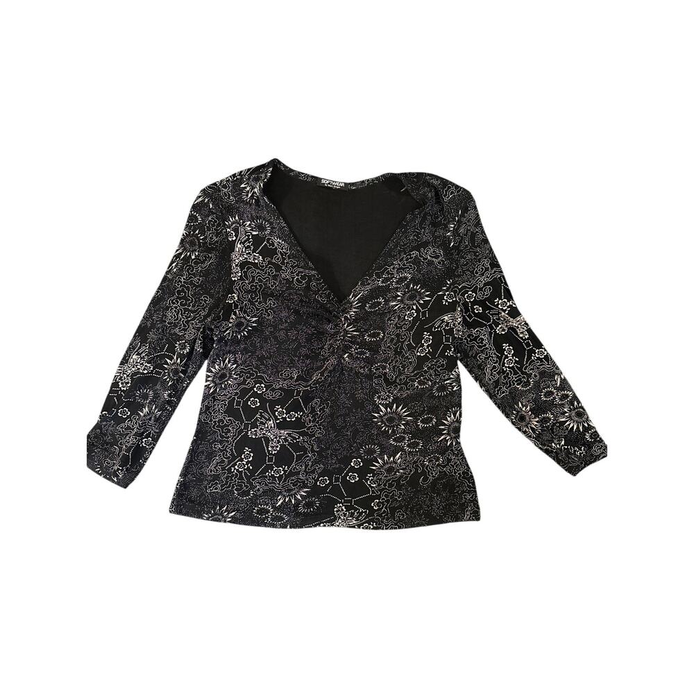 Softwear Black Print Blouse Women M Ruched‎ V-Neck Y2K Indie Sleaze Top Goth VTG